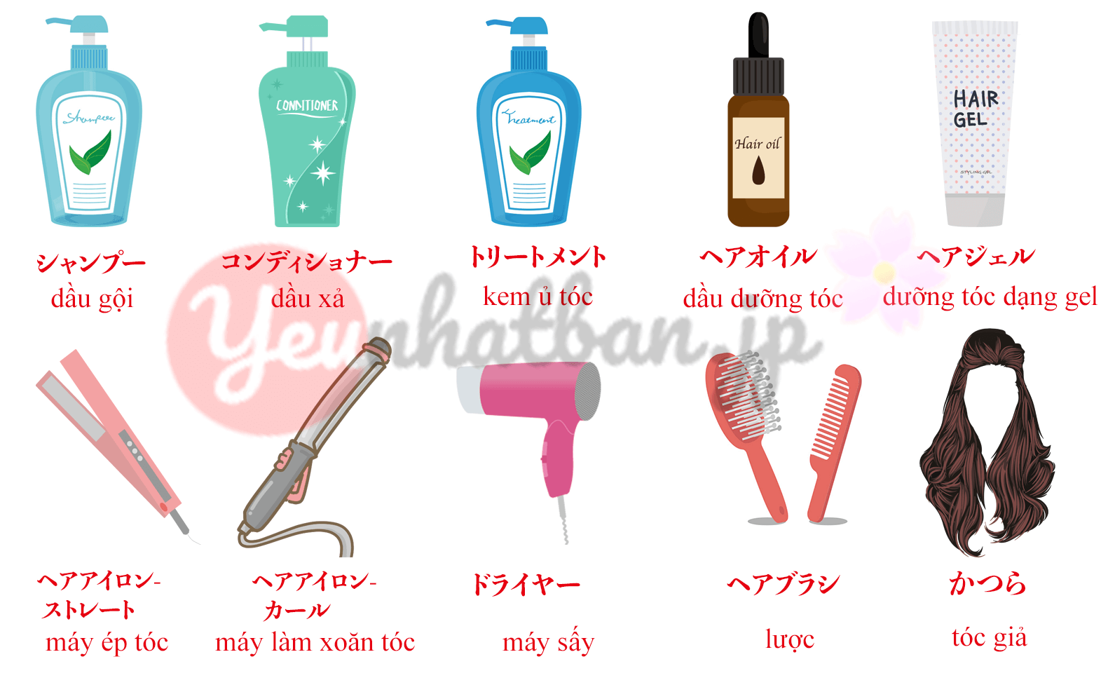 Tiếng Nhật có nhiều từ vựng liên quan đến tóc và kiểu tóc. Xem hình ảnh để học từ vựng này và sử dụng chúng để trò chuyện về tóc với người Nhật.